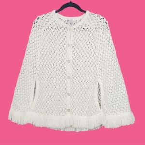 Vintage 60s White Crochet Poncho Orlon Acrylic Bohemian Grandma